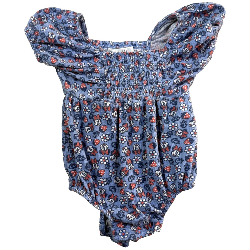 Disney Baby Minnie Mouse Smocked Dress Girls 18-24M Blue Floral Puff Sleeve Kids